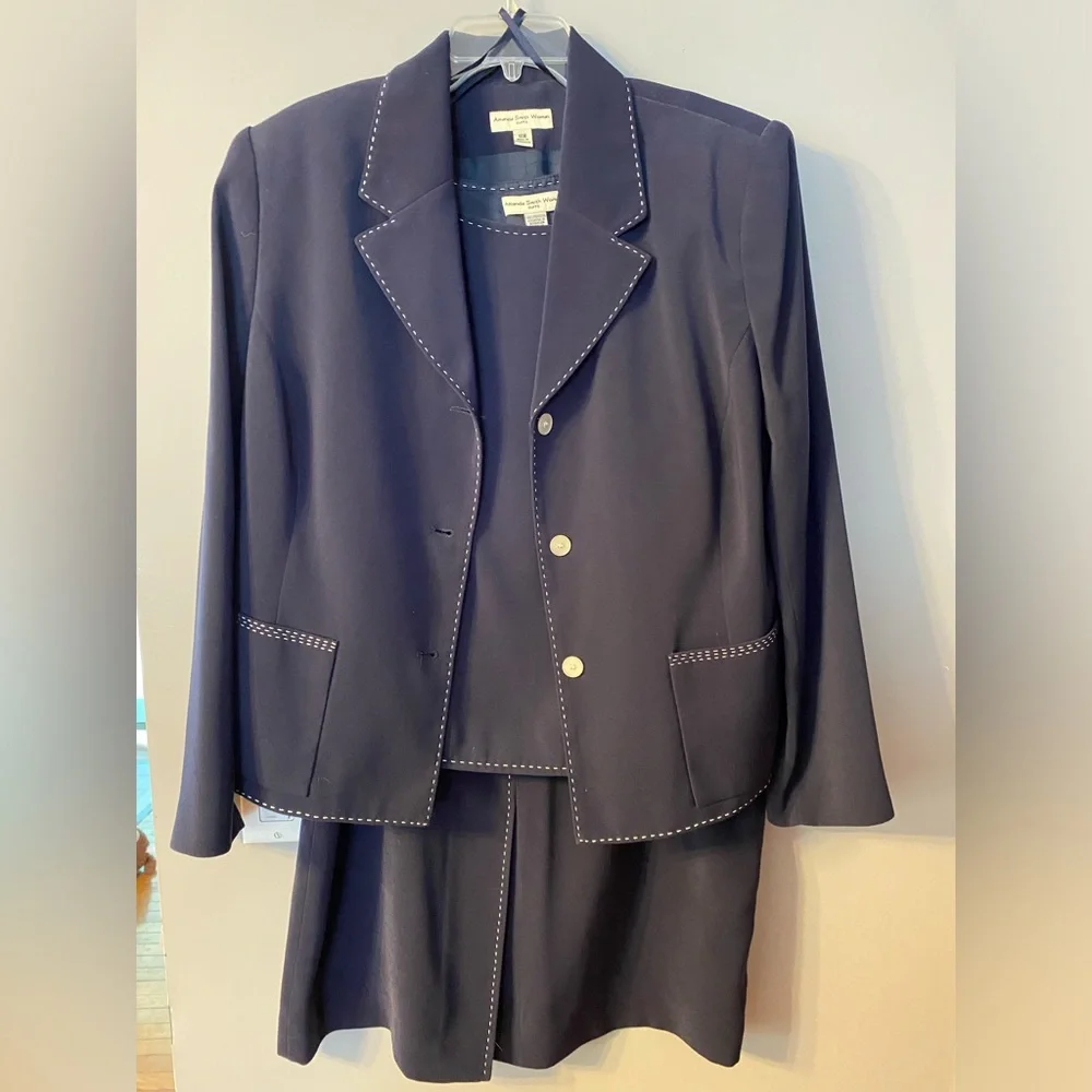 Amanda Smith Navy Blazer and Skirt Set with White Contrast Stitching
